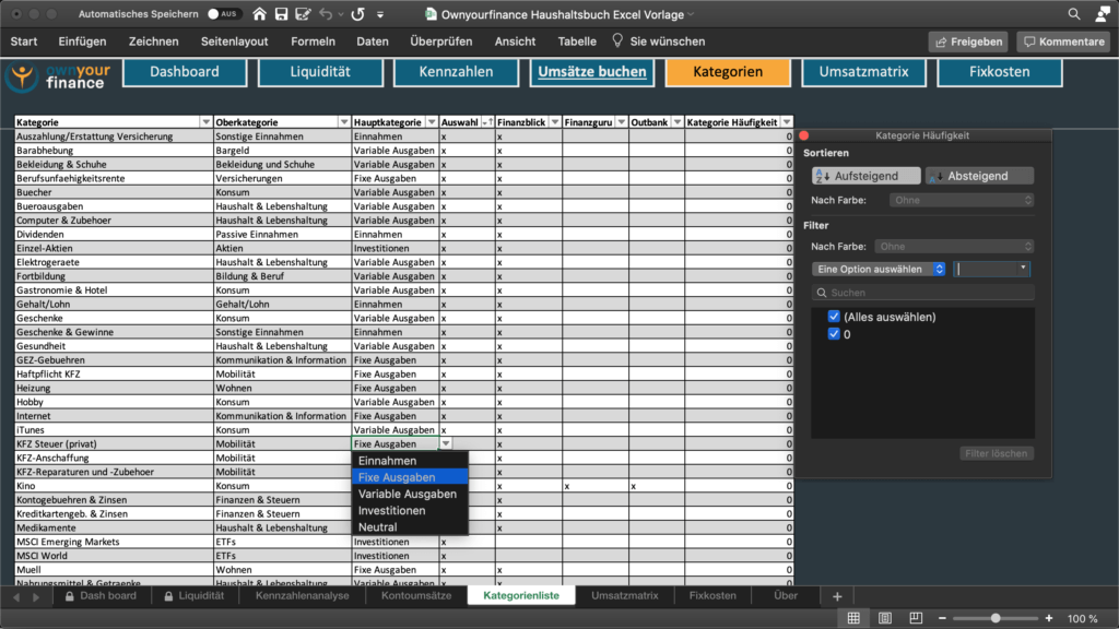 Sinnvolle Haushaltsbuch Kategorien in Excel