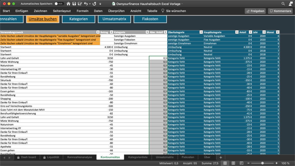 Haushaltsbuch für Paare Anteil in Excel festlegen