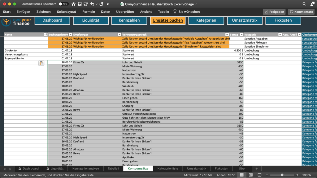 HaushaltsbuchExcel Vorlage CSV Umsätze buchen